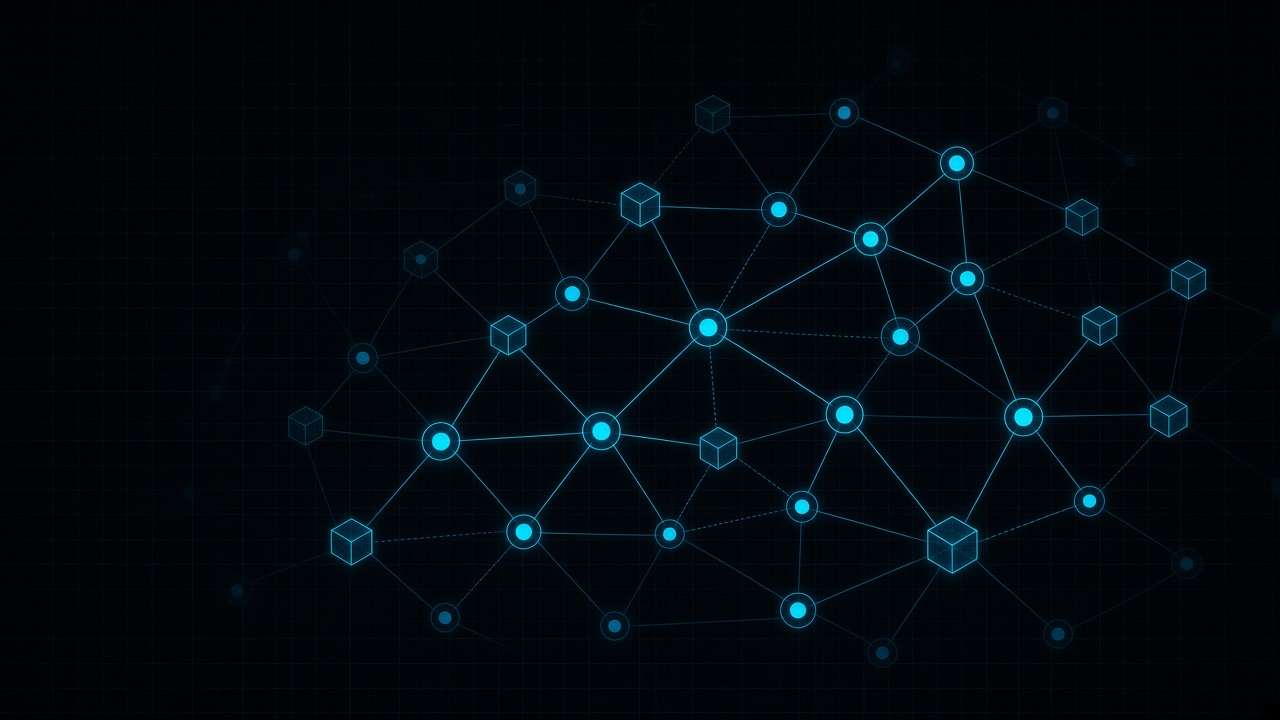 Abstract visualization of a decentralized blockchain network with connected nodes